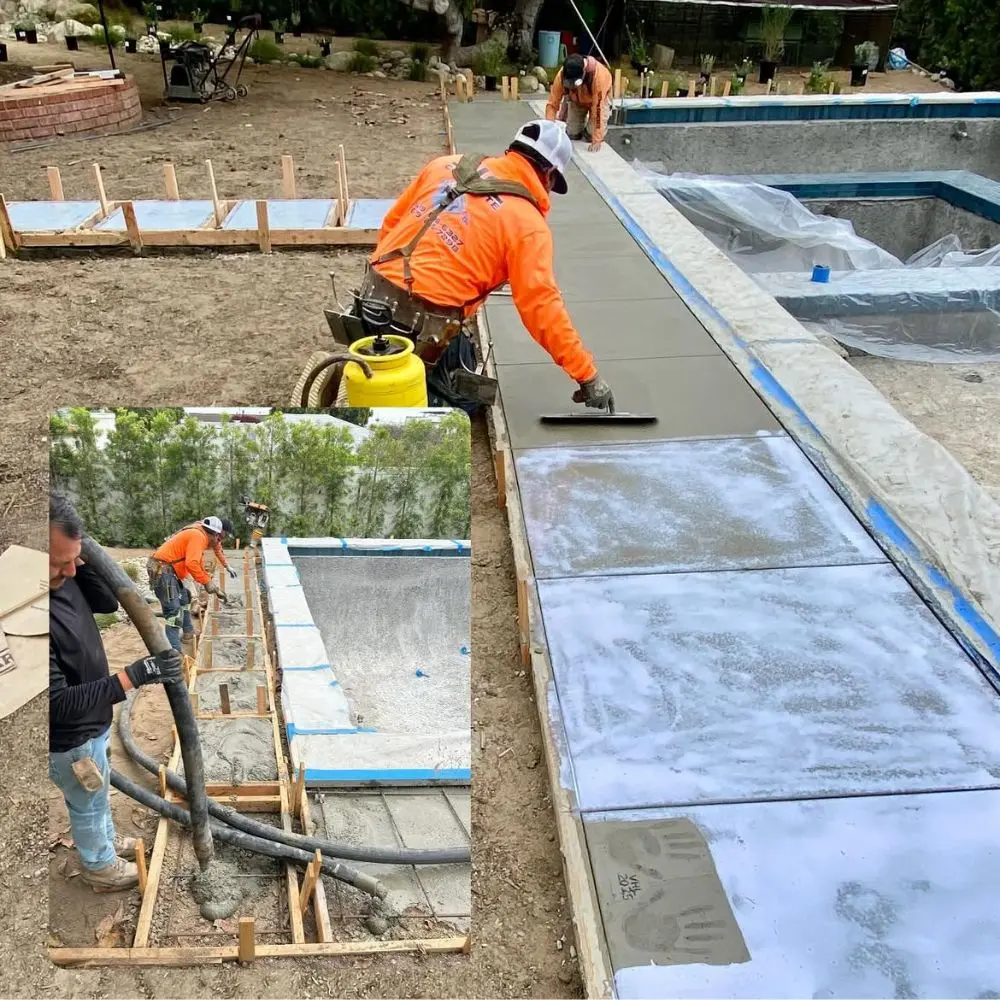 Concrete crew finishing a pool deck pour with a hand trowel